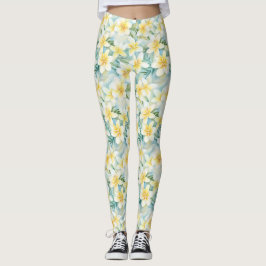 Leggings All-Over-Impressão do Flor Branco Frangip