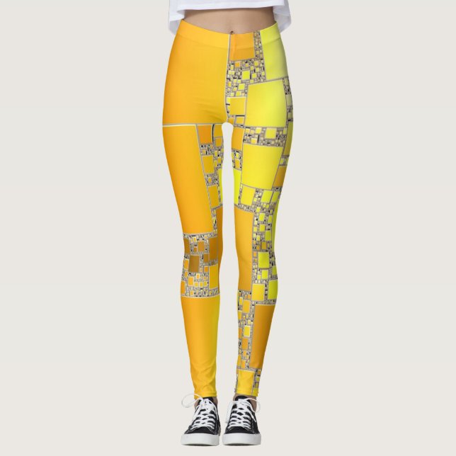 Leggings amarelas e laranja quadradas (Frente)
