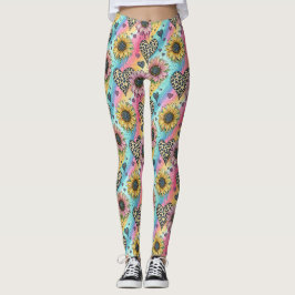 Leggings Arco-íris de Coração de Leopardo e Girass