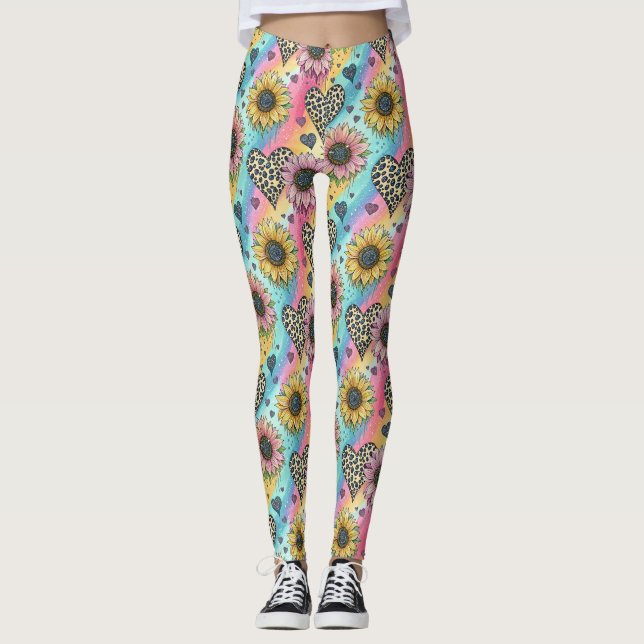 Leggings Arco-íris de Coração de Leopardo e Girass (Frente)
