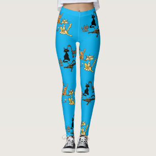 Leggings Azuis de Desenho Animado de Gato Engraçad