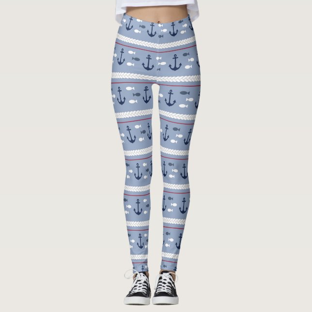 Leggings Azuis e Brancas com Âncoras Náuticas (Frente)