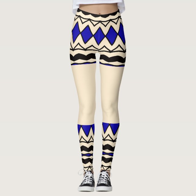 Leggings Azuis e Creme Inspiradas em Tribais (Frente)