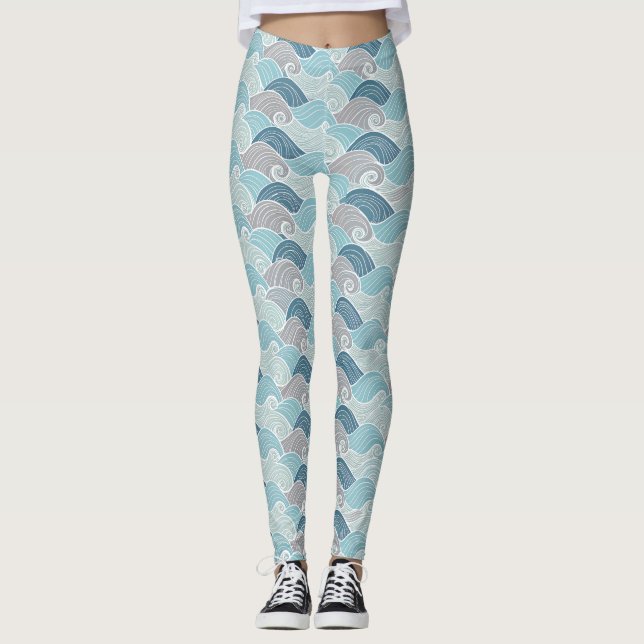 Leggings Azul Cinza Onda do Oceano (Frente)