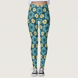 Leggings Azul e Amarelo com Padrão Floral Retro