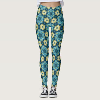 Leggings Azul e Amarelo com Padrão Floral Retro
