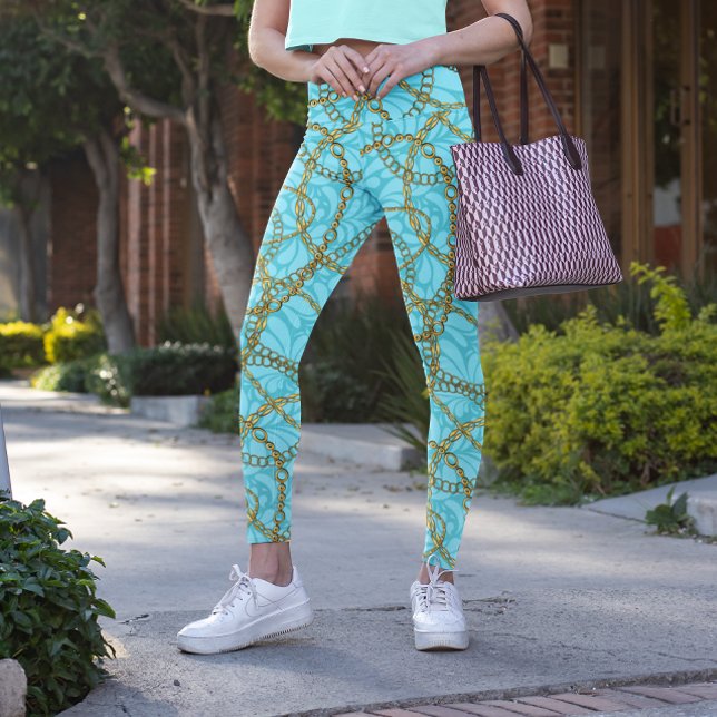 Leggings Azul Turquesa Opulentas com Correntes Dou (Criador carregado)