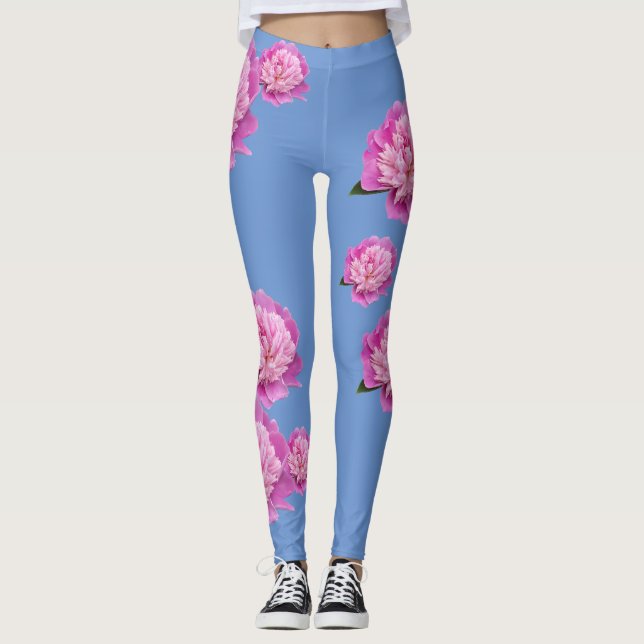 Leggings Azul Vinca com Desenho de Flor Rosa (Frente)