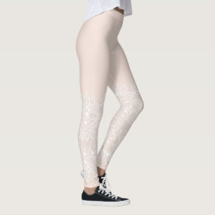 Leggings Bege e Branco com Estampa de Renda