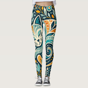 Leggings Boho de Arte Folclórica com Gato e Padrão