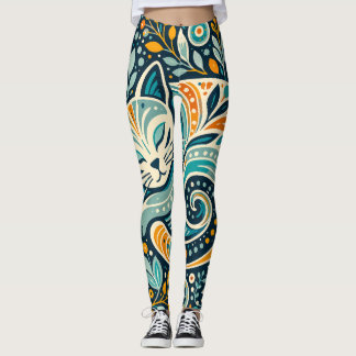 Leggings Boho de Arte Folclórica com Gato e Padrão