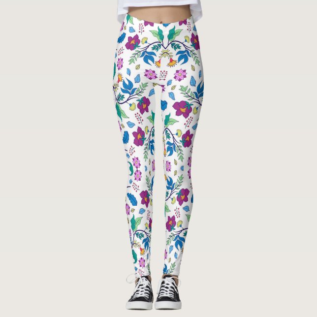 Leggings brancas com padrões florais vibrantes (Frente)
