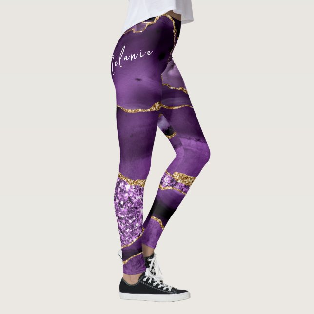 Leggings Brilhantes de Ouro Roxo com Nome Personal (Direita)