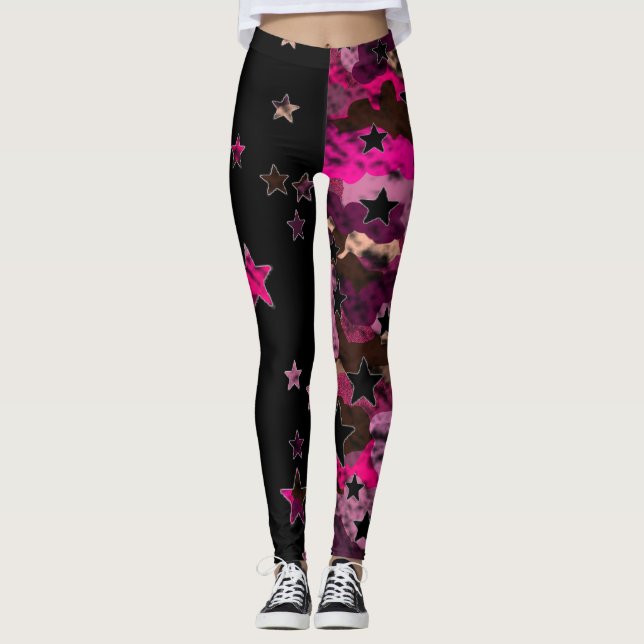 Leggings Camufladas Estrela Preto e Rosa (Frente)