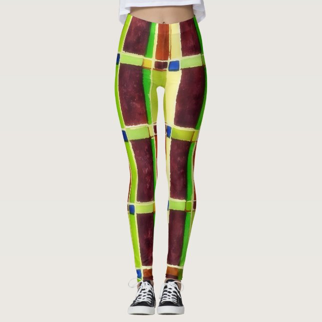 Leggings castanhas verdes Abstrato de blocos color (Frente)