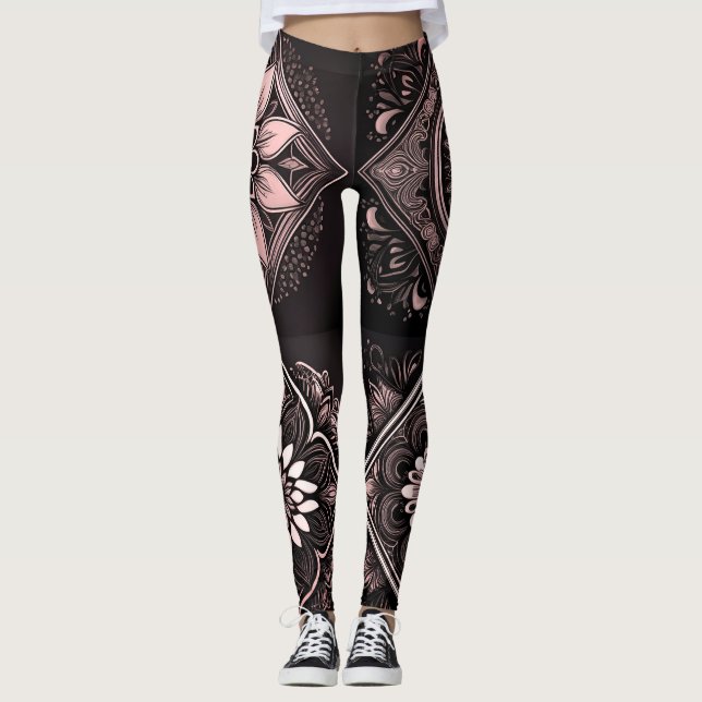 Leggings Chic Pretas Rosa e Brancas com Mandala  (Frente)