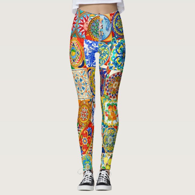 Leggings Coloridas de Colagem Dolce, Azulejo Medit (Frente)