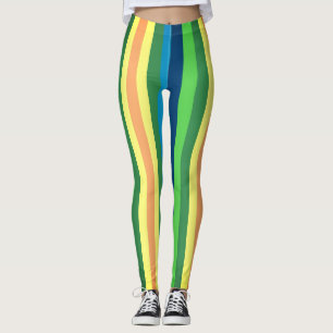 Leggings Coloridas,Verde,Linhas Amarelas Azuis