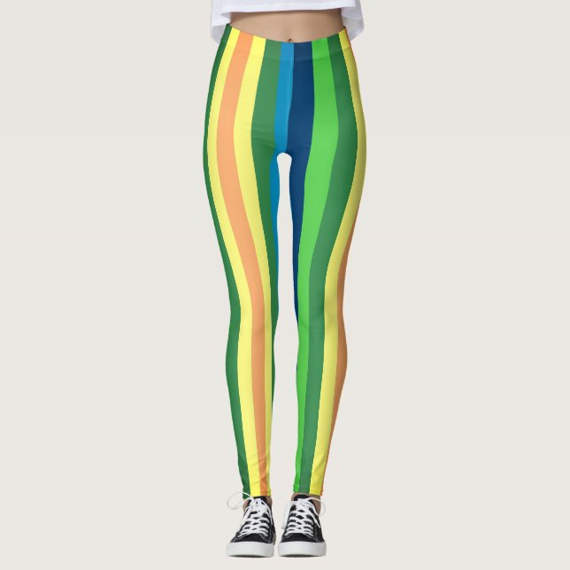 Leggings Coloridas,Verde,Linhas Amarelas Azuis (Frente)