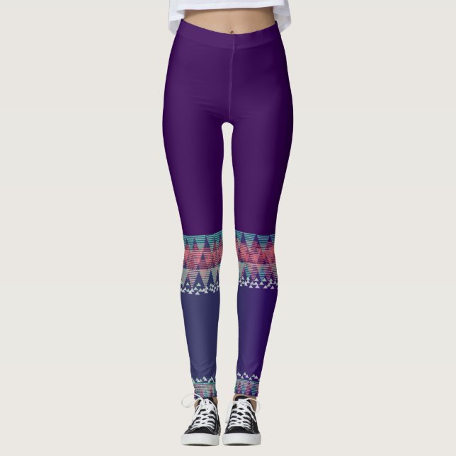 Leggings Colorido Roxo Escuro com Desenho Asteca (Frente)
