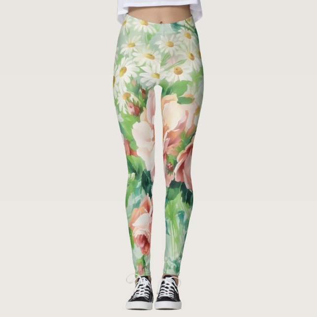 Leggings com Arte de Flores de Margarida em Estilo (Frente)
