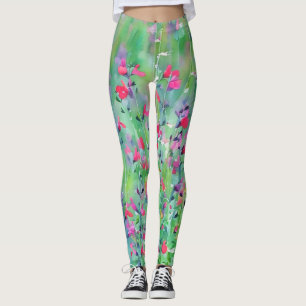 Leggings com Arte de Prado de Flores Cor-de-Rosa S
