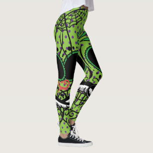 Leggings com caveiras de açúcar Bolinhas verdes li