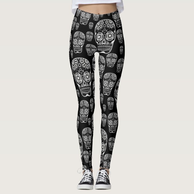 Leggings com caveiras De Açúcar Preto E Branco (Frente)