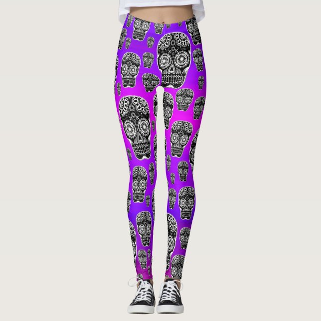 Leggings com caveiras de açúcar púrpura (Frente)