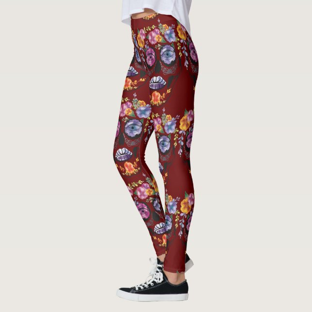 Leggings com caveiras de Flor Vermelho - Crânio de (Esquerda)