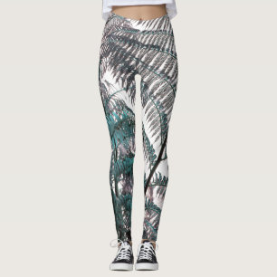 Leggings com Estampa de Folhas de Samambaia Verde 