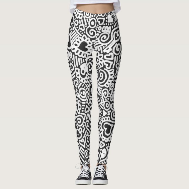 Leggings com Estampa Preta e Branca de Doodle (Frente)