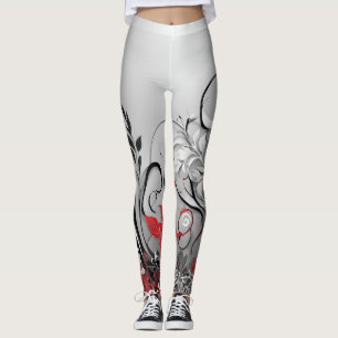 Leggings com Estilo Design de Folha Vermelho Preto