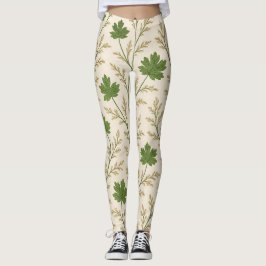 Leggings com Folhas Creme e Verde Escuro