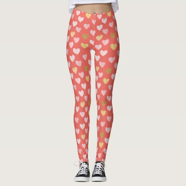 Leggings com Padrão de Corações Rosa Dourado (Frente)