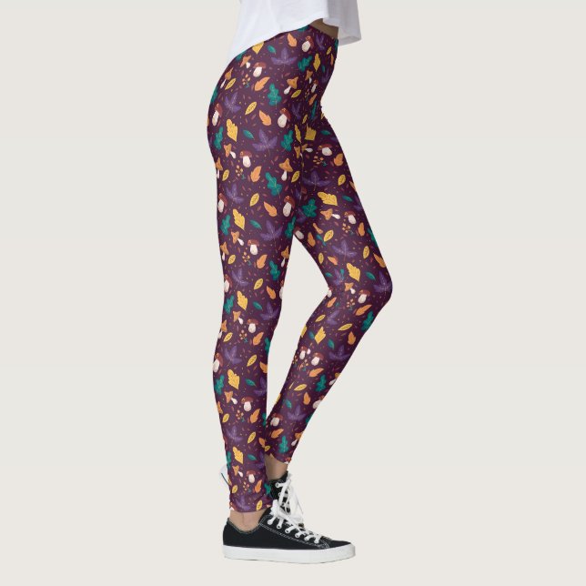 Leggings com Padrão de Folha de Cogumelo Roxo Eleg (Direita)