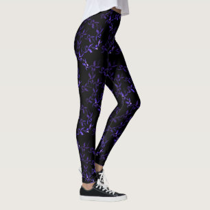 Leggings com Padrão de Folhas Azul Escuro