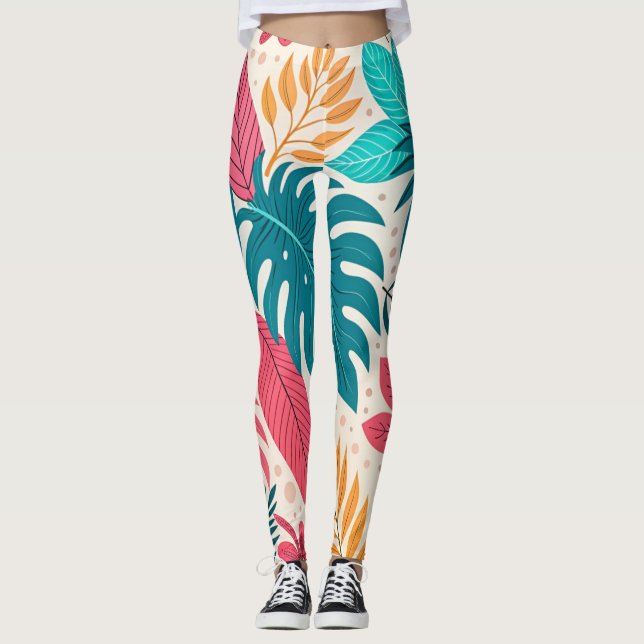 Leggings com Padrão de Folhas da Selva Tropical (Frente)