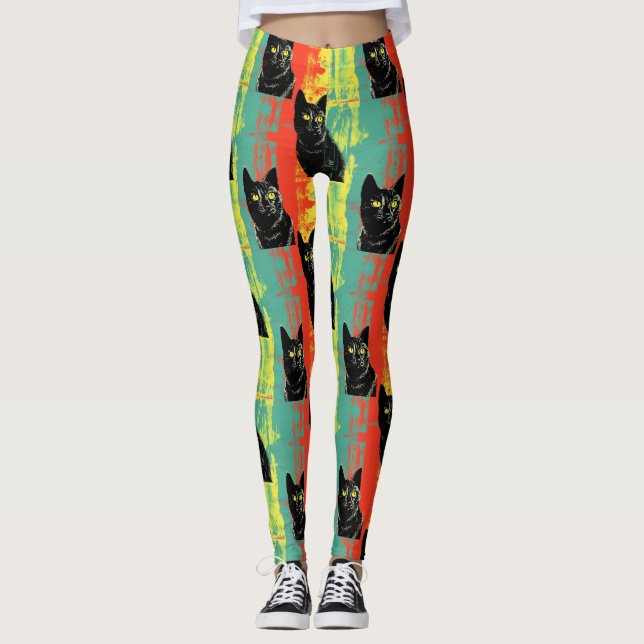 Leggings com Padrão de Gato Preto Retrô (Frente)
