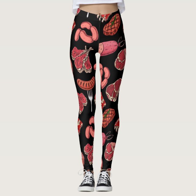 Leggings com padrão de produtos de carne desenhado (Frente)