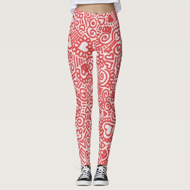 Leggings com Padrão de Rabiscos Vermelho e Branco (Frente)