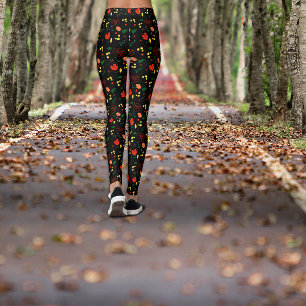 Leggings com padrão preto e folhas de papoula verm