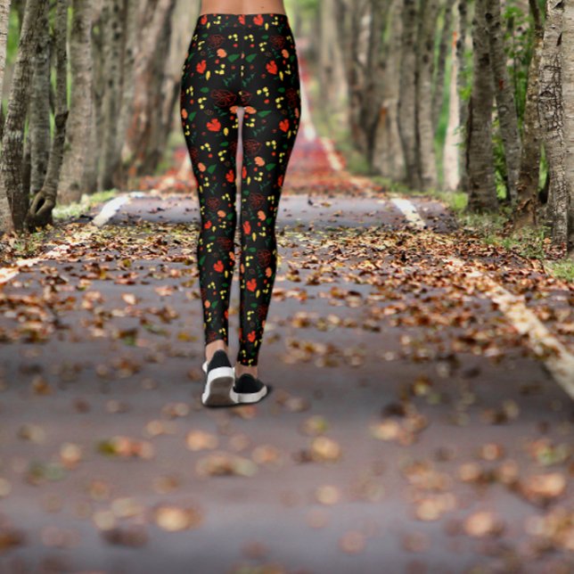 Leggings com padrão preto e folhas de papoula verm (Criador carregado)
