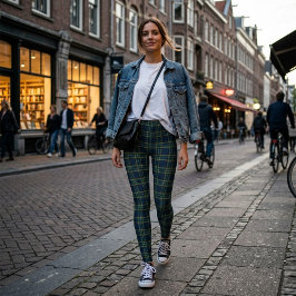 Leggings com padrão xadrez tartã verde e azul