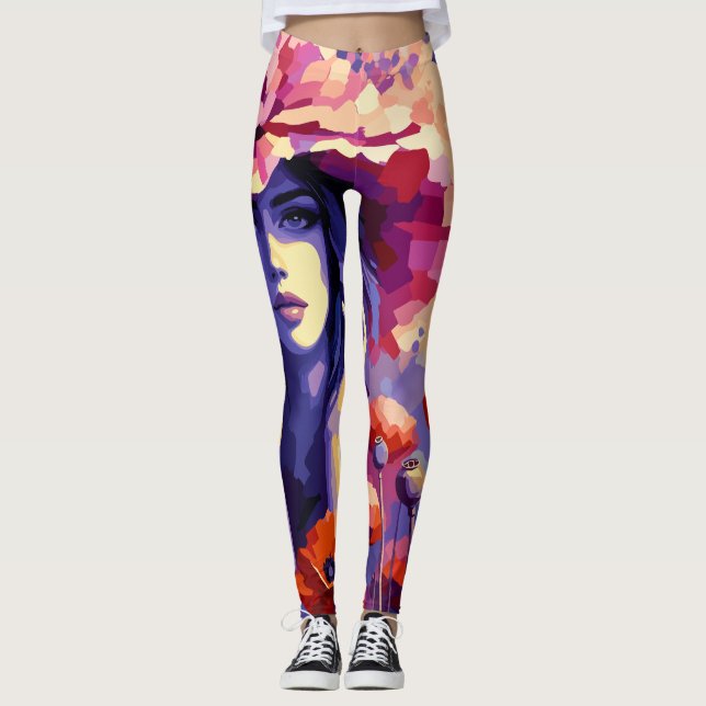 Leggings com retrato de mulher abstrata e arte flo (Frente)