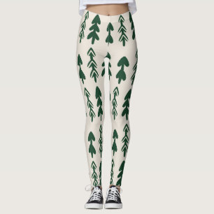 Leggings Creme e Verde com Padrão de Pinheiro Rúst