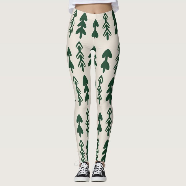 Leggings Creme e Verde com Padrão de Pinheiro Rúst (Frente)
