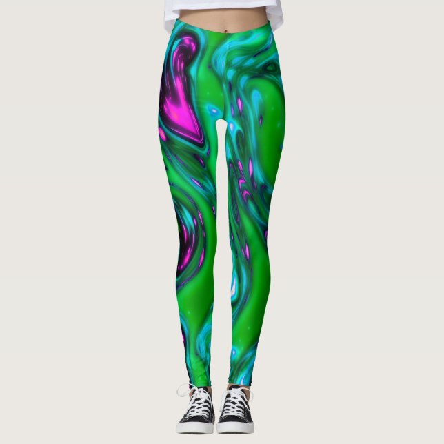 Leggings de Abstrato de Arte Líquida Neon Verde e  (Frente)