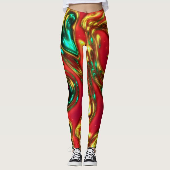 Leggings de Abstrato líquido de neon vermelho e ci (Frente)