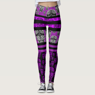 Leggings de Açúcar do Crânio Roxo e Preto